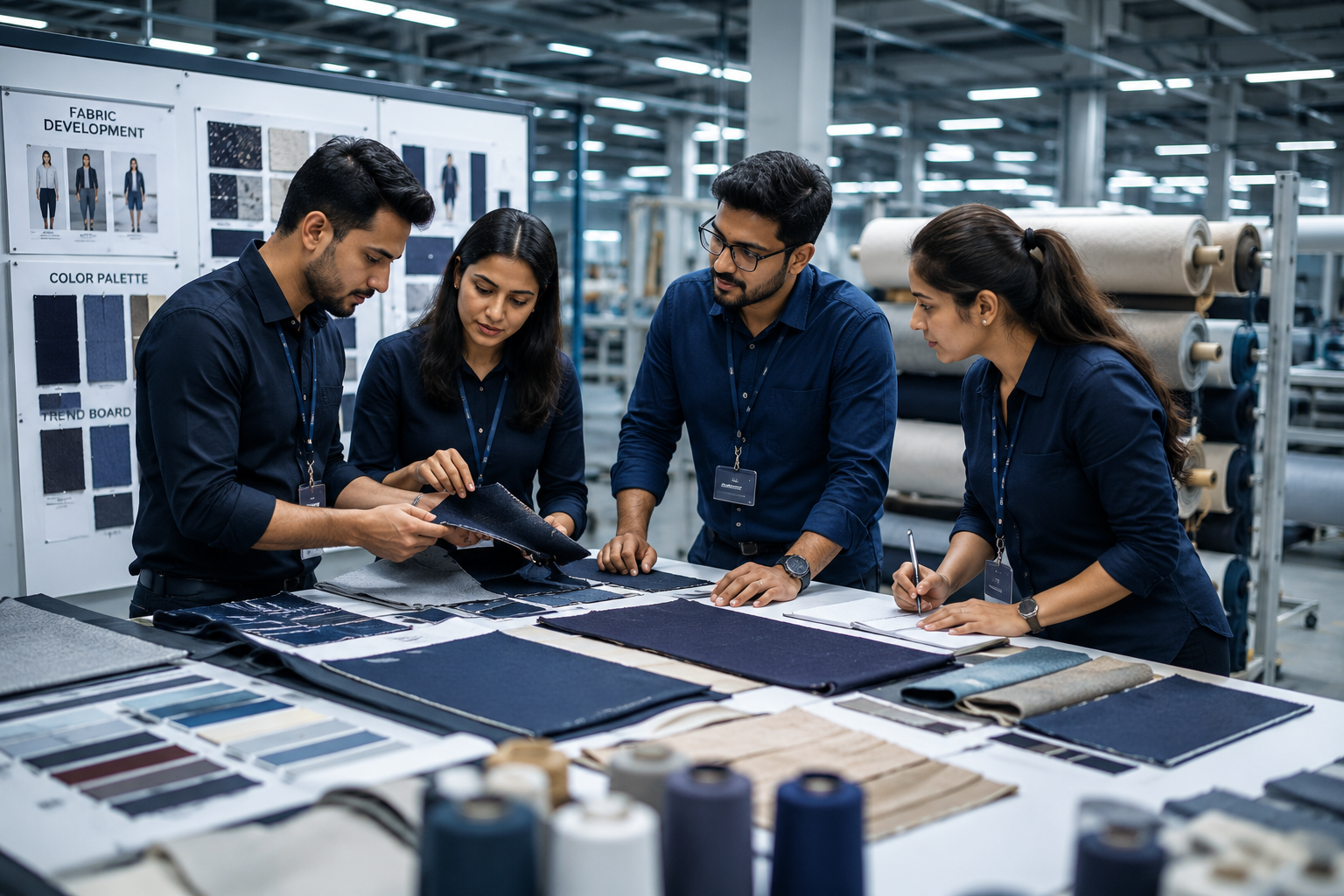 Premium shirting fabrics and apparel materials in a fashion studio